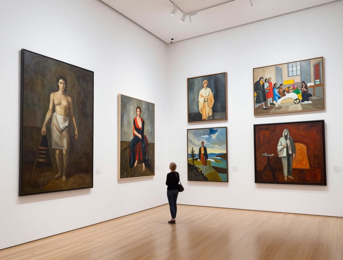 Современная арт-галерея с высокими белыми стенами, крупноформатными абстрактными полотнами и мягким направленным освещением, посетители рассматривают работы