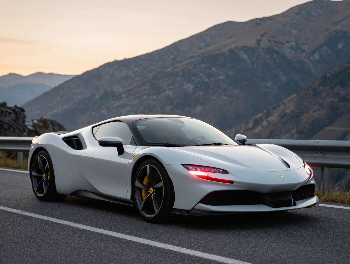 Суперкар Ferrari SF90 Stradale в матово-сером цвете на серпантинной горной дороге в Альпах на рассвете, задние фонари светятся красным