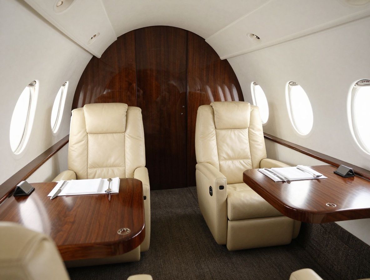 Интерьер кабины пилота частного самолета Bombardier Global 7500 с кожаными кремовыми сиденьями, деревянными панелями и панорамными иллюминаторами