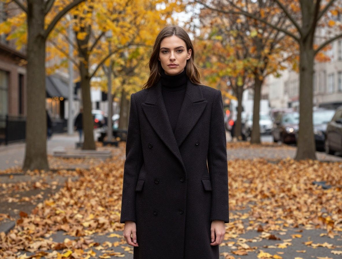 Модель в роскошном золотисто-бежевом пальто от Saint Laurent на фоне осенних улиц Манхэттена, окруженная листопадом