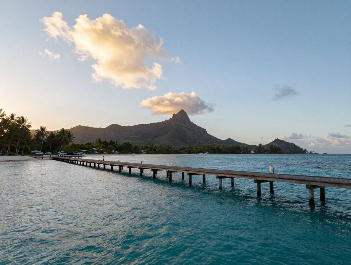 Частный пирс с деревянным настилом над бирюзовой водой атолла Бора-Бора на закате, тропические горы вдали