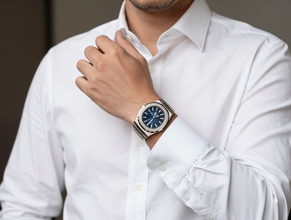 Крупный план мужских механических часов Patek Philippe Nautilus с синим циферблатом и стальным браслетом на запястье в белой манжете рубашки