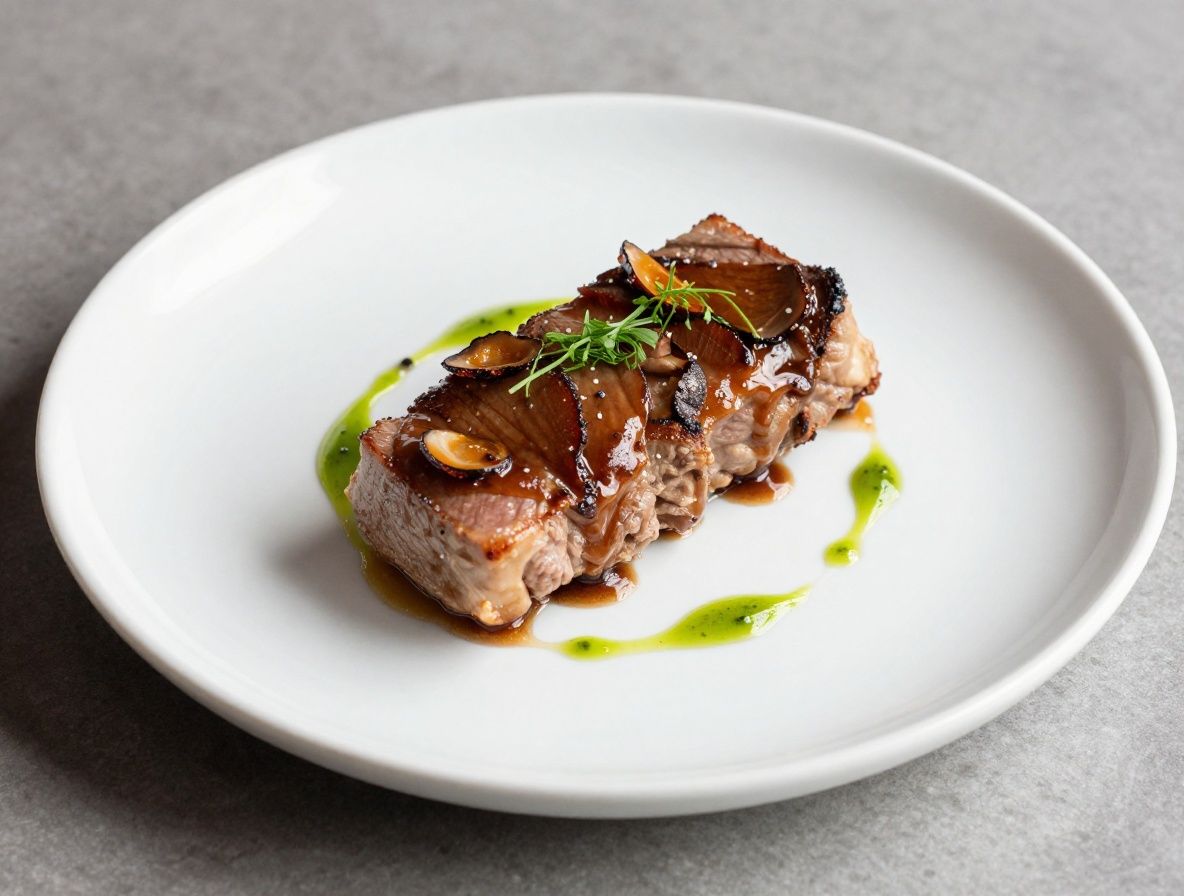 Изысканное блюдо высокой кухни — каре ягнёнка с соусом трюфель и микрозеленью, сервированное на белоснежной тарелке в ресторане с мишленовской звездой
