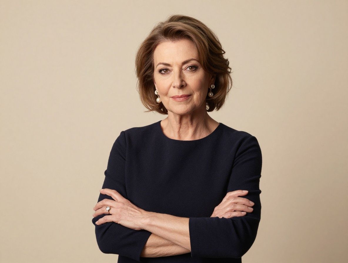 Портрет элегантной женщины средних лет с безупречным макияжем, в жемчужных серьгах, на фоне нейтрального кремового фона, профессиональная фотосессия