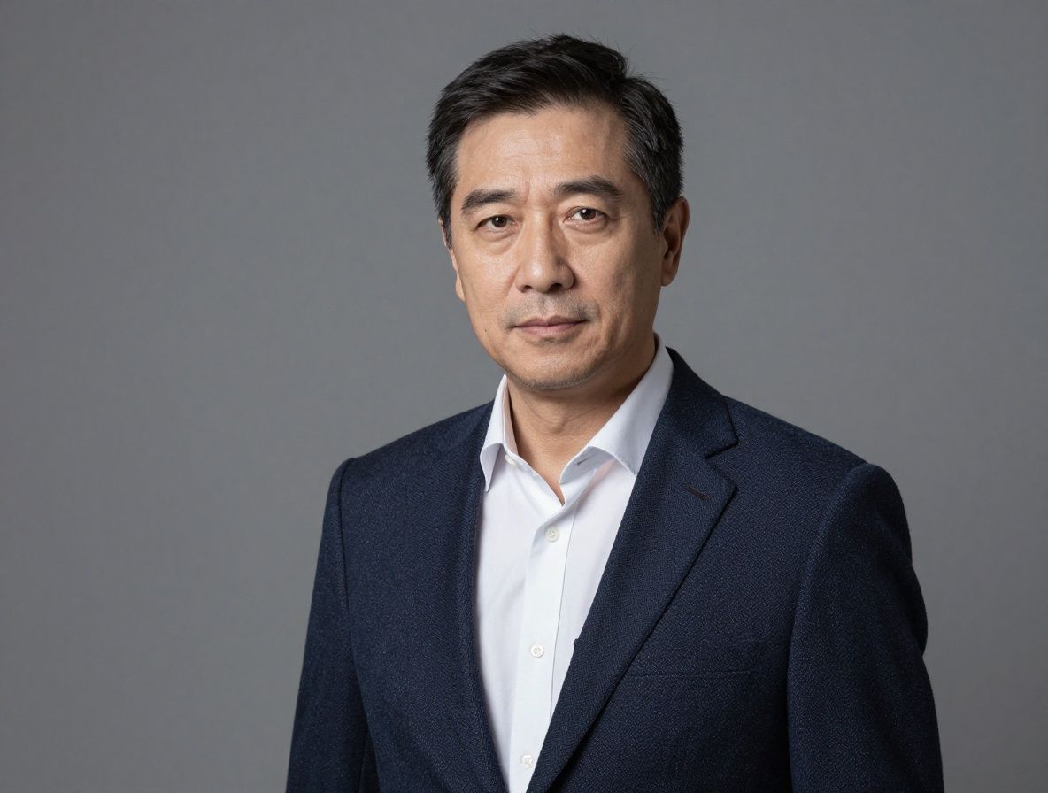 Мужчина лет сорока пяти с седоватой щетиной в тёмно-синем пиджаке без галстука, уверенный взгляд, деловая портретная съёмка