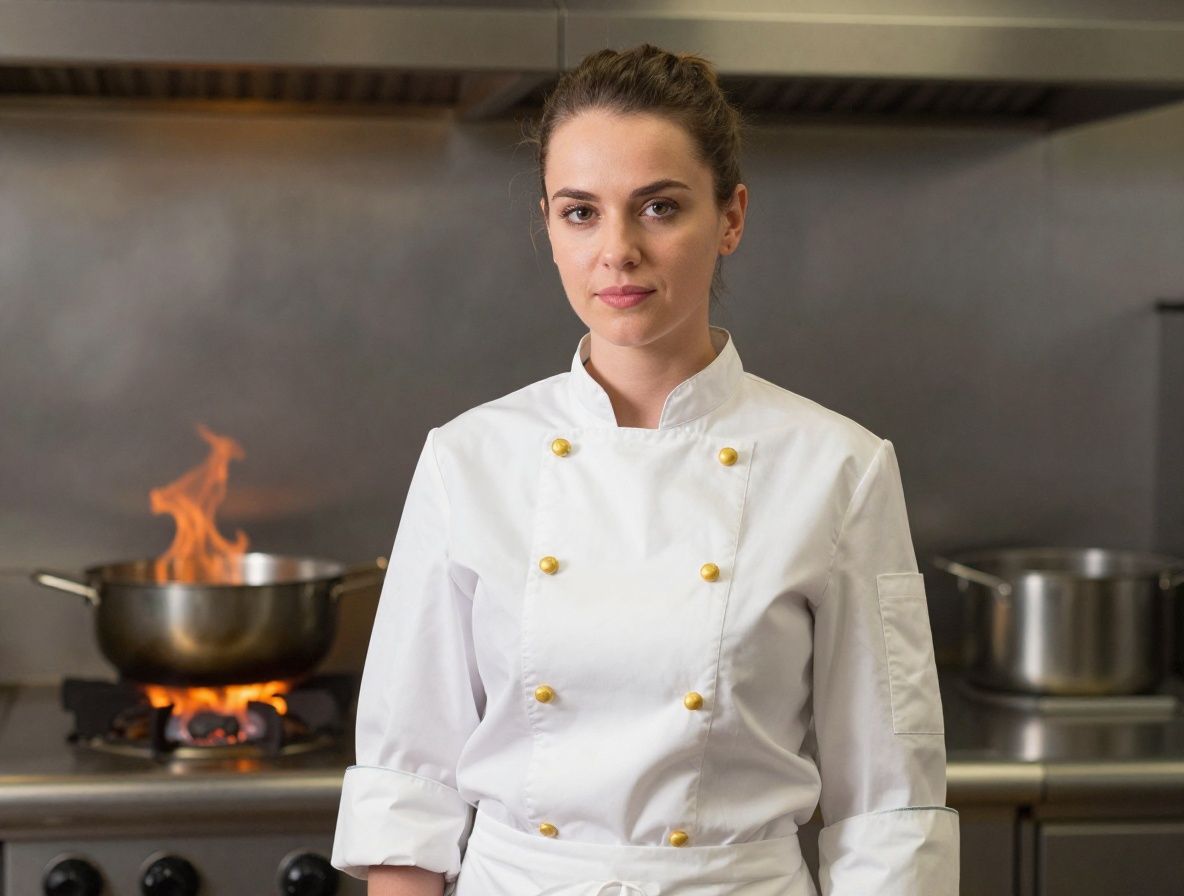 Молодая женщина-шеф-повар в белом кителе с золотистыми пуговицами, строгий пучок волос, рядом профессиональная кухня с открытым огнём