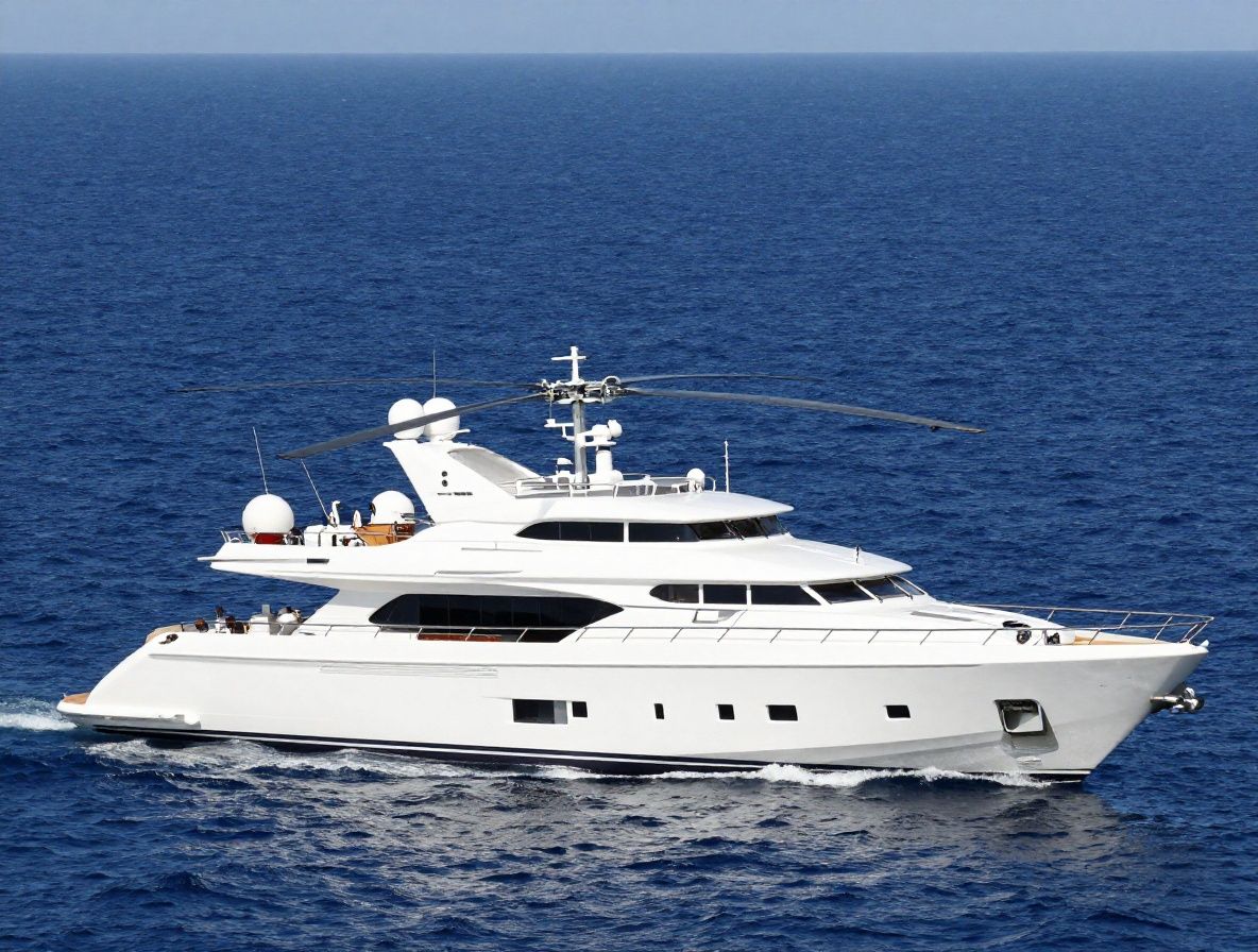 Белоснежная суперяхта длиной около 50 метров на синей глади Средиземного моря вблизи острова Корфу, на борту виден вертолётный pad